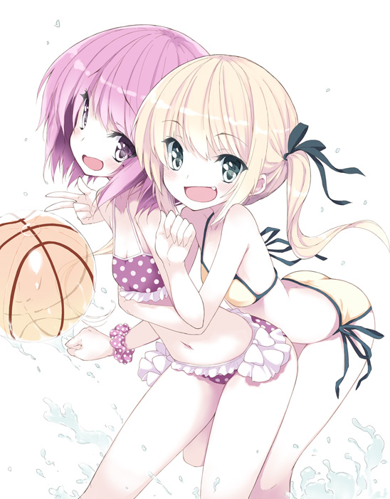 :d, arched_back, ball, bare_shoulders, beachball, bikini, blonde_hair, breasts