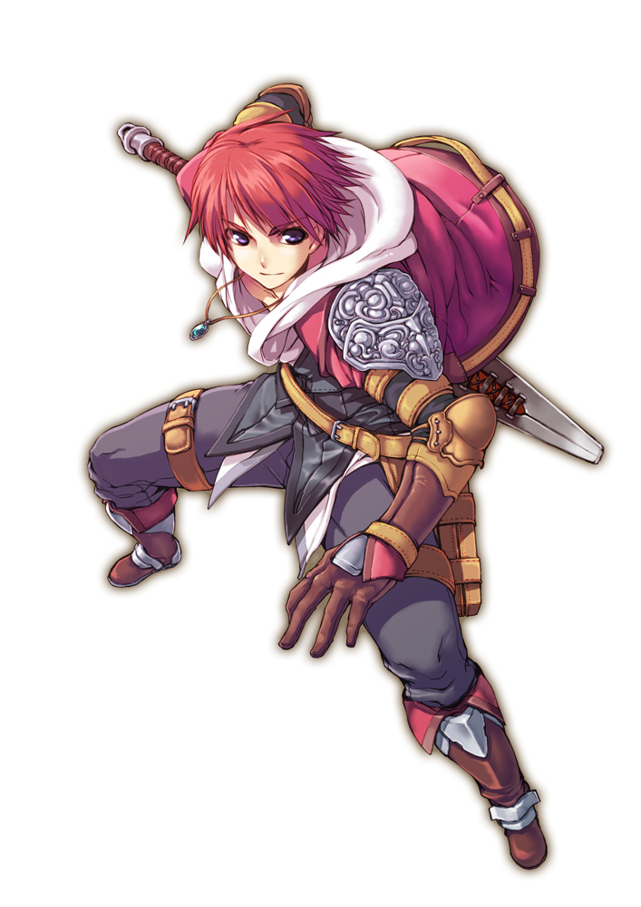 adol_christin, armor, boots, coat, falcom, gloves, jewelry, male, pants, pendant, purple_eyes, quecho, red_hair, redhead, smile, solo, sword, violet_eyes, weapon, white_background, ys, ys:_celceta_no_jukai