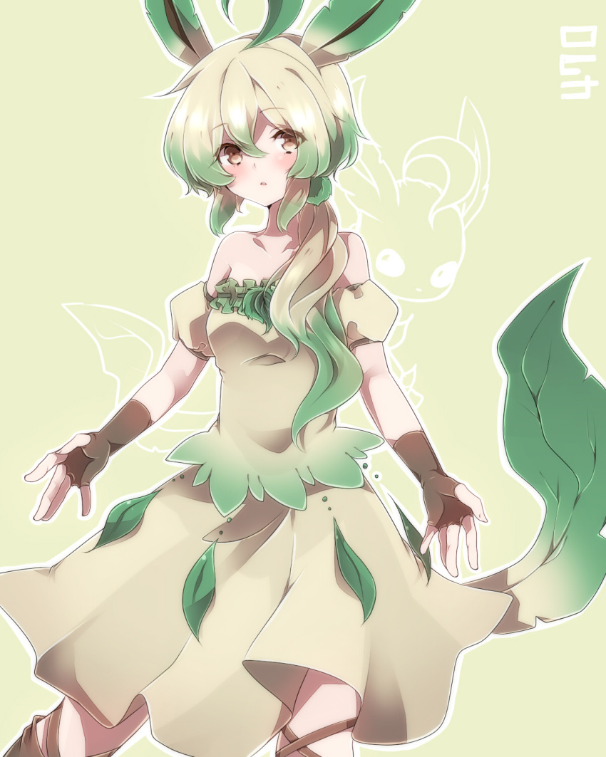ahoge, animal_ears, bare_shoulders, blonde_hair, brown_eyes, dress, fingerless_gloves, gloves