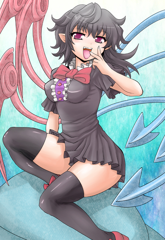 asymmetrical_wings, black_hair, black_legwear, bow, houjuu_nue, open_mouth, pointy_ears, red_eyes