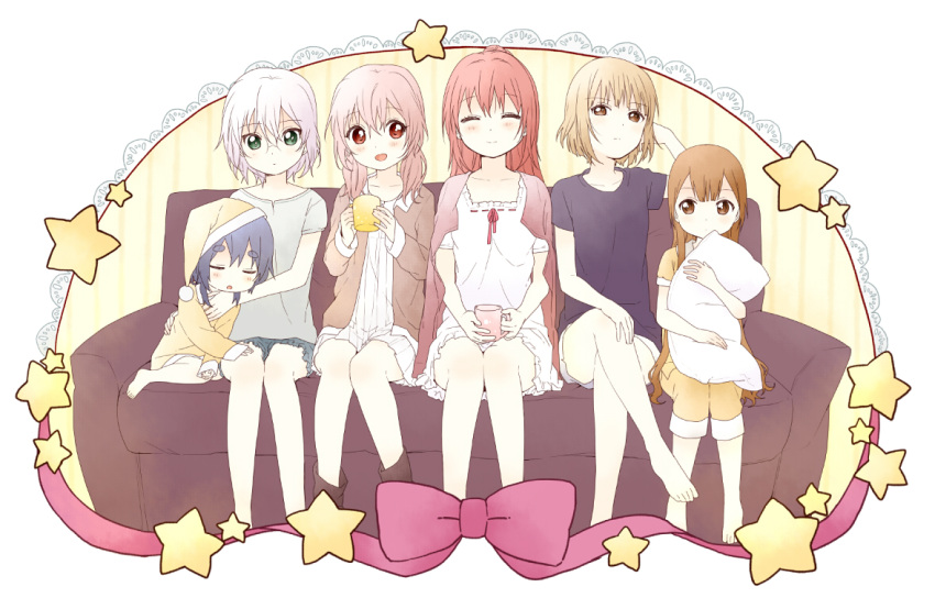 :d, :o, akaza_akane, bare_legs, barefoot, bed, blonde_hair, blue_hair
