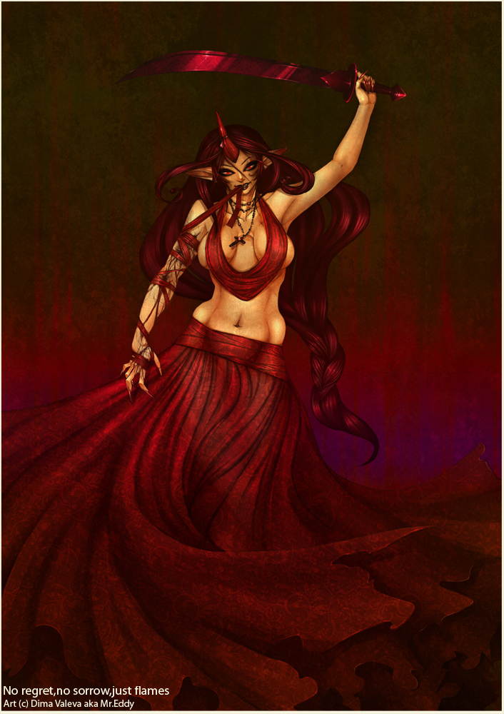 alternate_costume, arm_up, artist_name, black, breasts, claws, cloth, copyright_notice