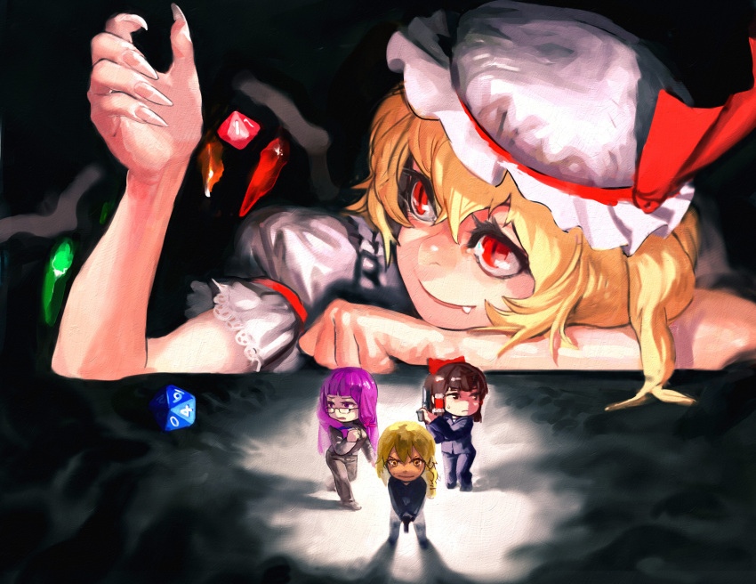 attall139, bad_id, blonde_hair, bow, brown_hair, dice, fang, finger_on_trigger, fingernails, flandre_scarlet, glasses, gun, hair_bow, hair_tubes, hakurei_reimu, handgun, hat, highres, kirisame_marisa, long_hair, minigirl, multiple_girls, patchouli_knowledge, pistol, purple_hair, red_eyes, sharp_fingernails, side_ponytail, size_difference, smile, touhou, weapon, wings
