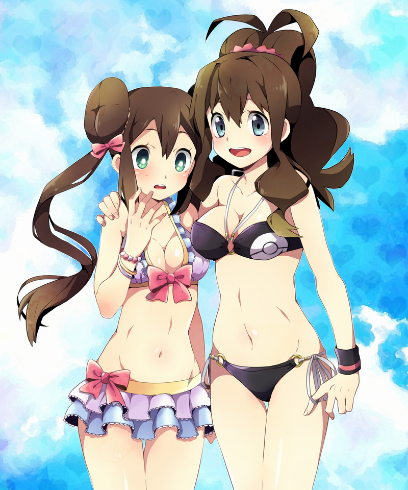 bikini, blue_eyes, blush, bow, breasts, brown_hair, cleavage, cloud