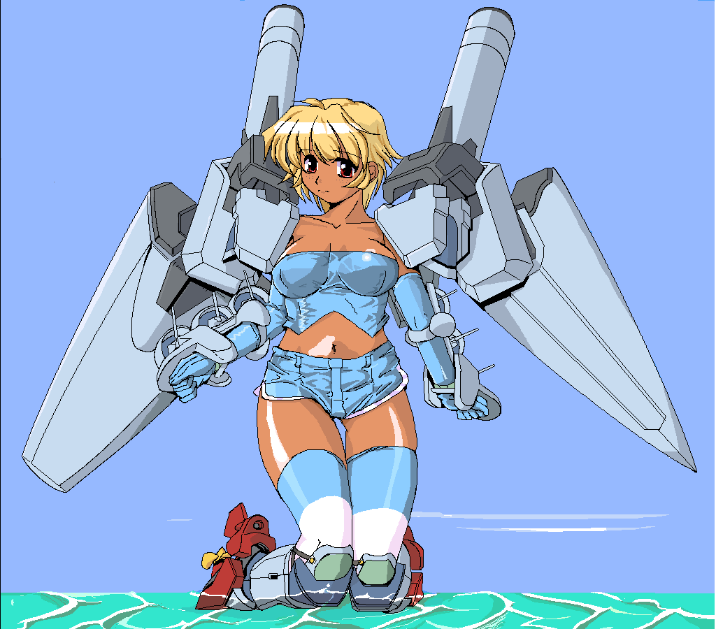 blonde_hair, cruiser, dark_skin, funnels, gun, mecha_musume, military, nanashi_(7th_exp)