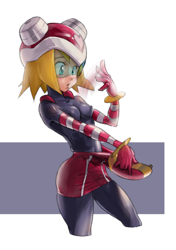 blonde_hair, blue_eyes, bodysuit, breasts, elbow_gloves, erect_nipples, fanning, gloves