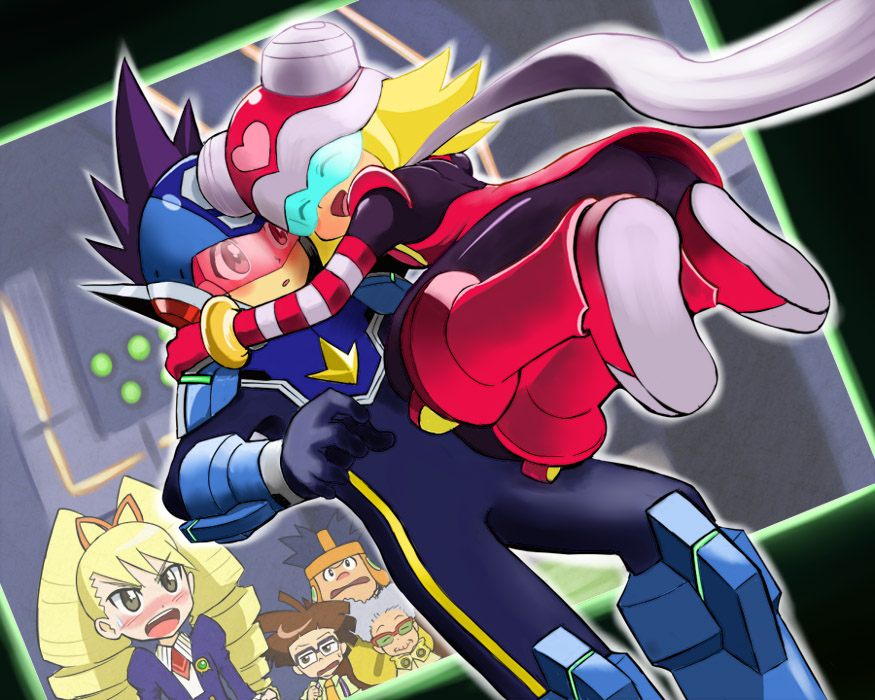^_^, blonde_hair, blush, bodysuit, boots, brown_eyes, character_request, closed_eyes, dr._yoiri, drill_hair, dutch_angle, elbow_gloves, eyes_closed, glasses, glomp, gloves, hair_ribbon, harp_note, heart, helmet, hoshikawa_subaru_(rockman), hug, knee_boots, purple_hair, ribbon, rockman, ryuusei_no_rockman, saishoin_kizamaro, scarf, shirogane_luna, short_hair, spiked_hair, spiky_hair, striped, striped_gloves, sweatdrop, twin_drills, ushijima_gonta, visor