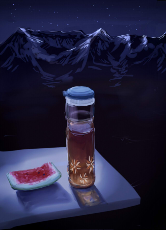fruit, mountain, night, no_humans, original, star_(sky), tea, watermelon