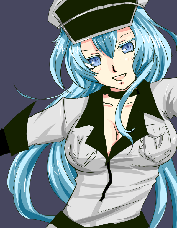 akame_ga_kill!, aqua_hair, blue_eyes, breasts, choker, cleavage, esdese, hat