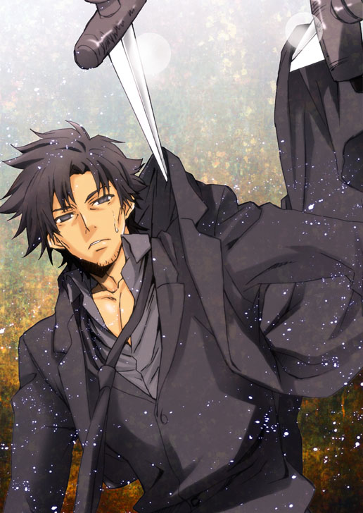 black_eyes, black_hair, dagger, emiya_kiritsugu, facial_hair, fate/zero, fate_(series), male