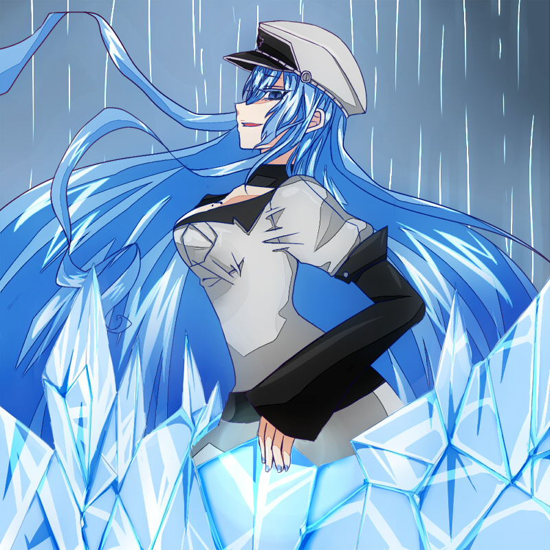 akame_ga_kill!, artist_request, blue_eyes, blue_hair, breasts, choker, detached_sleeves, esdese