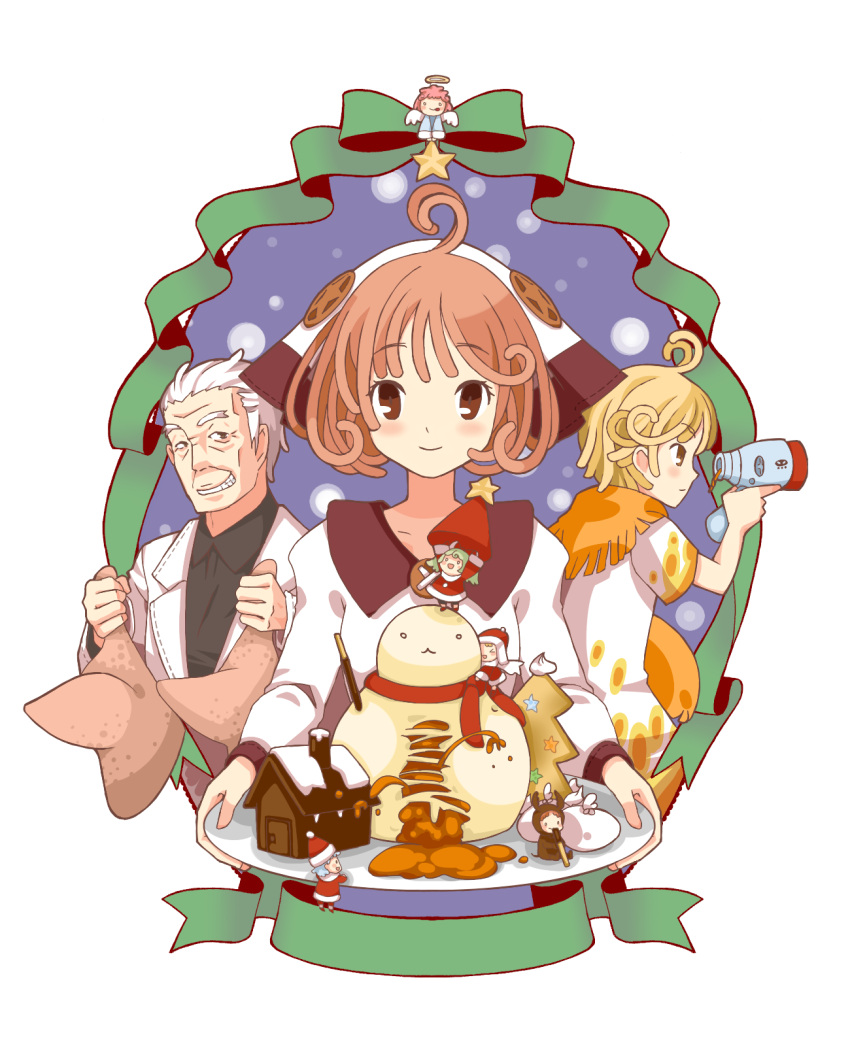 ahoge, assistant_(jintai), bird, blonde_hair, chicken, fairy, fairy_(jintai), grandfather_(jintai)