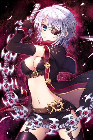 belt, black_legwear, blue_eyes, breasts, cleavage, elbow_gloves, eyepatch, fingerless_gloves