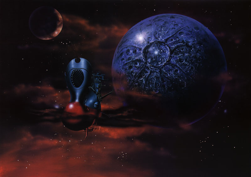 80s, epic, final_yamato, gamilon, official_art, oldschool, planet, realistic, science_fiction, space, space_craft, spaceship, star, uchuu_senkan_yamato, yamato_(uchuu_senkan_yamato)