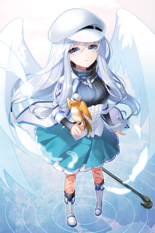 bird, bird_on_hand, boots, cane, corset, cross-laced_footwear, eisenwane, frilled_skirt, grey_eyes, hand_on_hip, hat, hips, holding, kocchan, lace-up_boots, long_hair, lowres, open_mouth, parrot, pleated_skirt, skirt, striped, sword_girls, turtleneck, white_hair, wings