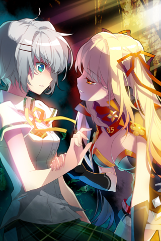 belt, blonde_hair, blue_eyes, bow, breasts, c.seryl, dress_shirt, fingerless_gloves