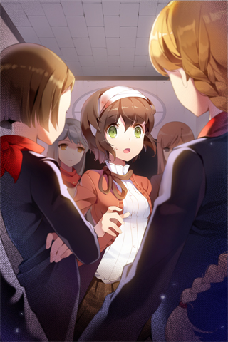 asmis, bandage, bandages, bangs, blonde_hair, braid, brown_hair, crossed_arms