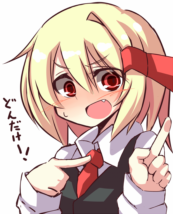 blonde_hair, blush, fang, hair_ribbon, kikiriri, long_sleeves, necktie, open_mouth