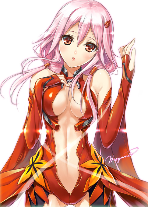 bare_shoulders, blush, breasts, center_opening, cleavage, elbow_gloves, gloves, guilty_crown, hair_ornament, hairclip, looking_at_viewer, mogami_noa, navel, pink_hair, red_eyes, solo, twintails, white_background, yuzuriha_inori