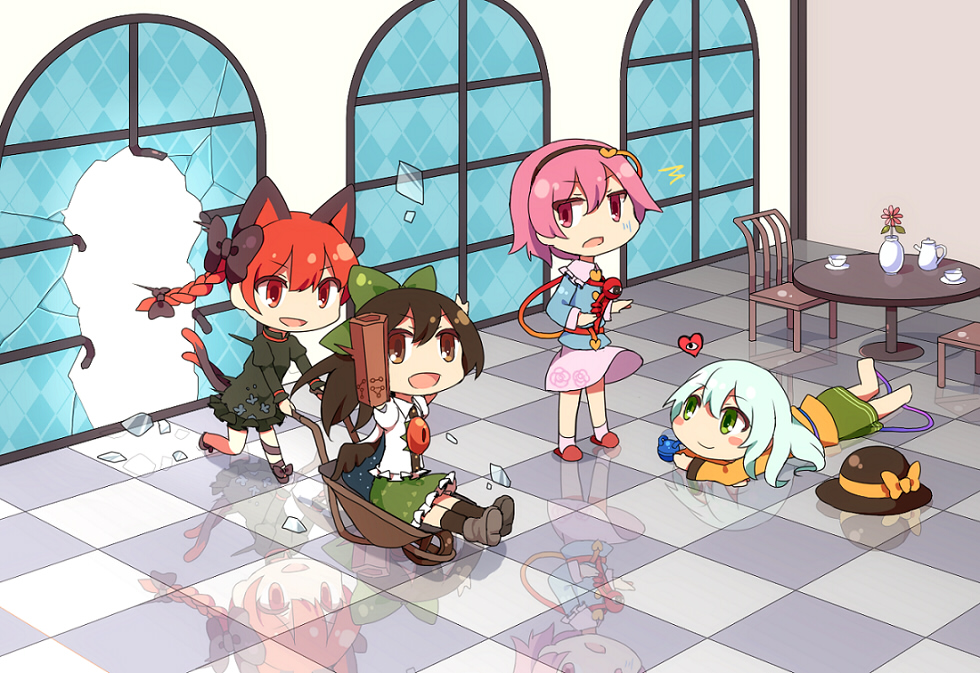 4girls, 60mai, animal_ears, arm_cannon, bad_reflection, bat_wings, bird_wings, blush