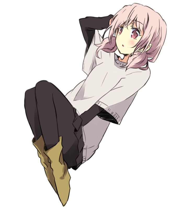 :o, arm_up, black_legwear, blush, boots, hand_in_hair, looking_away, maromi_(am97), open_mouth, panties, panty_pull, pantyhose, parted_lips, pink_eyes, pink_hair, shirt, short_hair, simple_background, skirt, solo, twintails, underwear, white_background, yoshikawa_tomoko, yuru_yuri