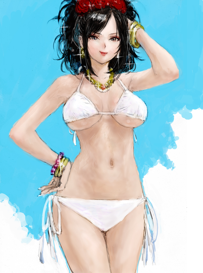 bikini, black_eyes, black_hair, bracelet, deborah, dragon_quest, dragon_quest_v, flower