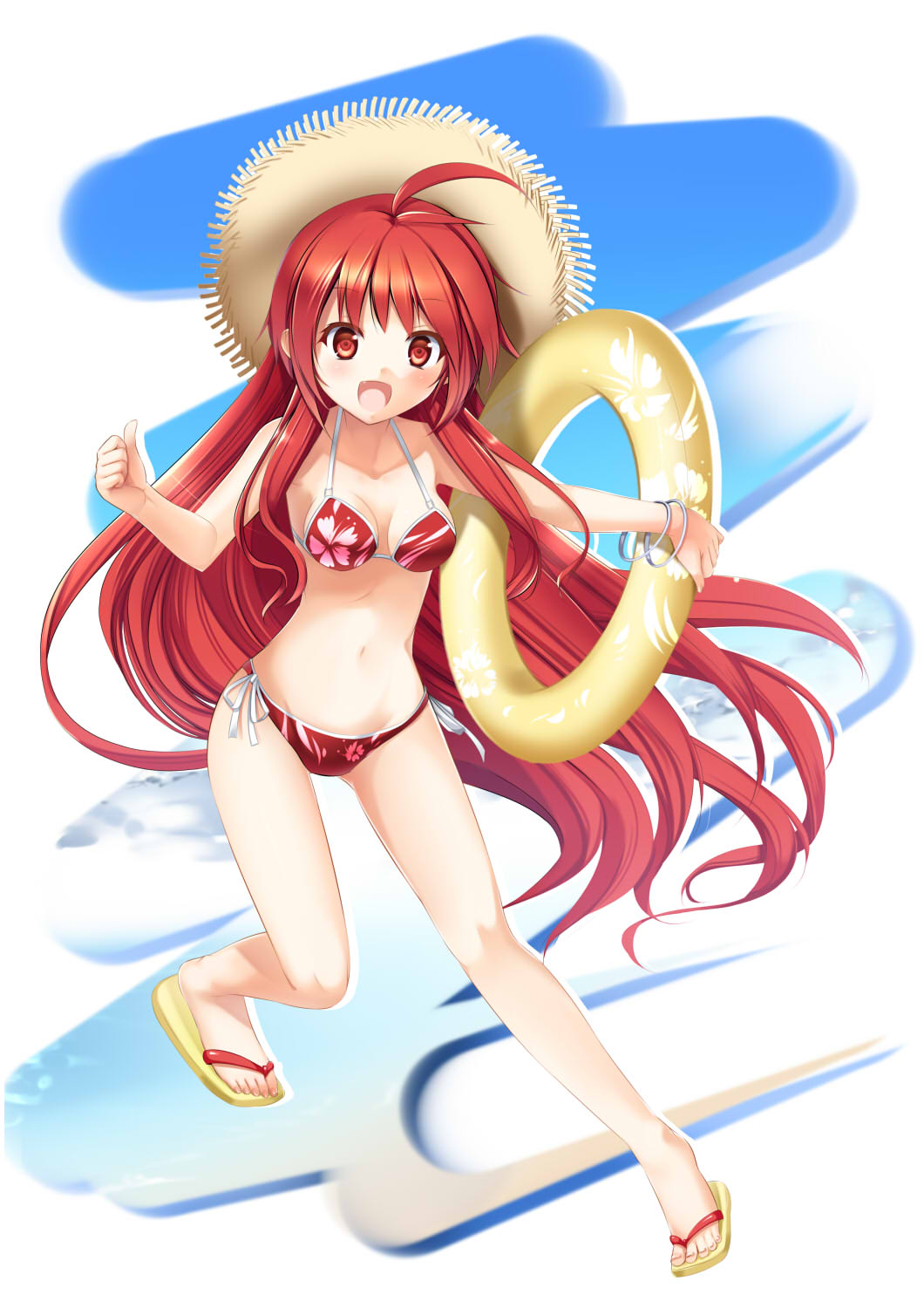 fang, gen_(whiteline), hat, highres, innertube, long_hair, original, red_eyes
