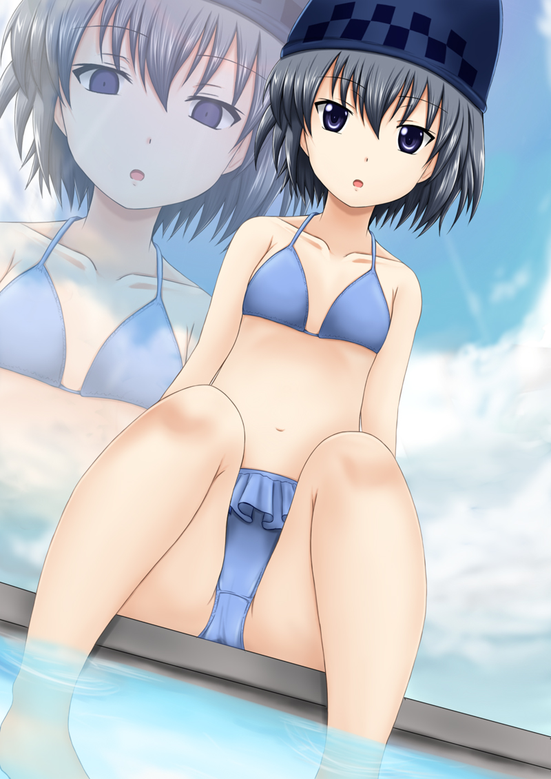 athena_(campione!), bikini, blue_eyes, blue_hair, campione!, feet_in_water, fuuma_nagi, grey_eyes