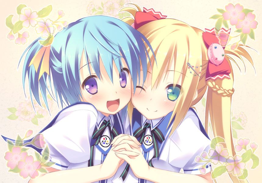 :d, ;), aqua_hair, blonde_hair, blue_hair, blush, green_eyes, hair_ornament, hand_holding, hitoguchi_(hioxhio), holding_hands, long_hair, looking_at_viewer, multiple_girls, oni_gokko!, open_mouth, original, purple_eyes, side_ponytail, smile, sumiyoshi_kureha, twintails, urabe_aoi, violet_eyes, wink