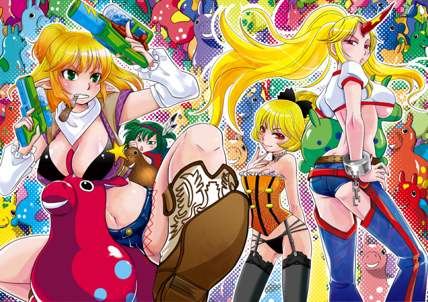 adapted_costume, alternate_breast_size, alternate_costume, alternate_hairstyle, black_legwear, blonde_hair, blush, bow