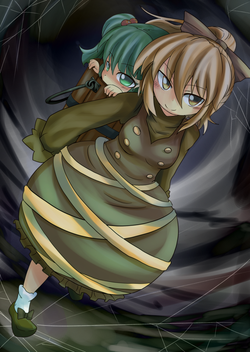blonde_hair, blush, bow, bucket, green_eyes, green_hair, hair_bobbles, hair_bow
