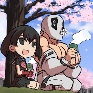 1girl, akame_ga_kill!, black_hair, bors, chibi, detached_sleeves, fingerless_gloves, gimp_mask, gloves, green_tea, kurome_(akame_ga_kill!), lowres, muscle, official_art, sailor_collar, seixa, shirtless, short_hair, square_enix, tashiro_tetsuya