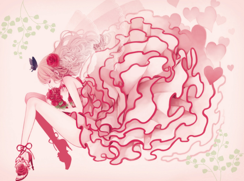 bouquet, butterfly, closed_eyes, dress, eyes_closed, fetal_position, flower, frills, hair_flower, hair_ornament, heart, high_heels, legs, mokaffe, nail_polish, original, pink, pink_dress, pink_hair, red_rose, rose, shoes, solo, veil