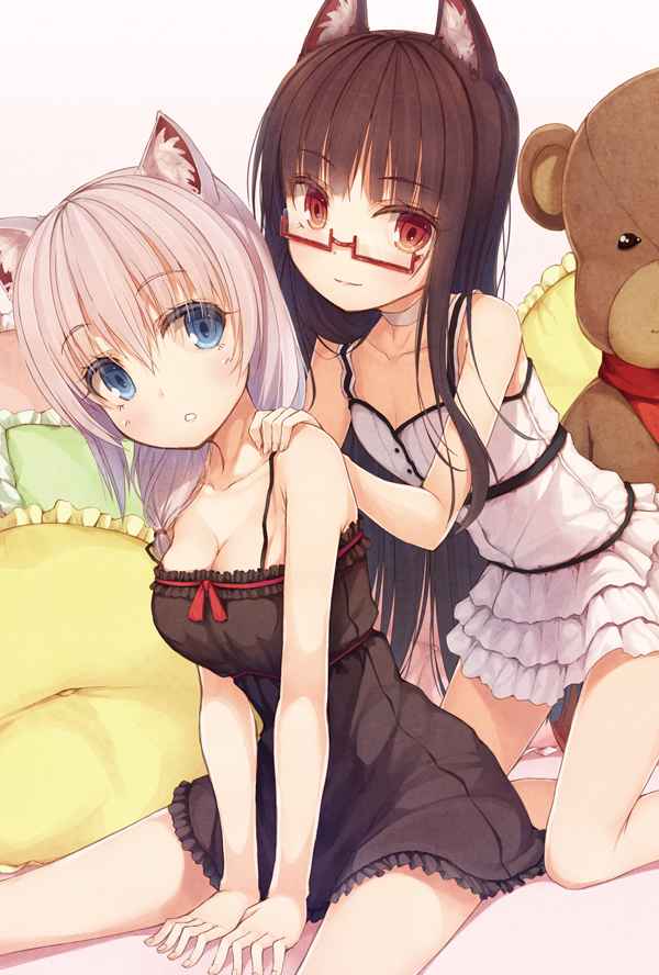 animal_ears, black_hair, blue_eyes, blush, breasts, cat_ears, cleavage, flat_chest