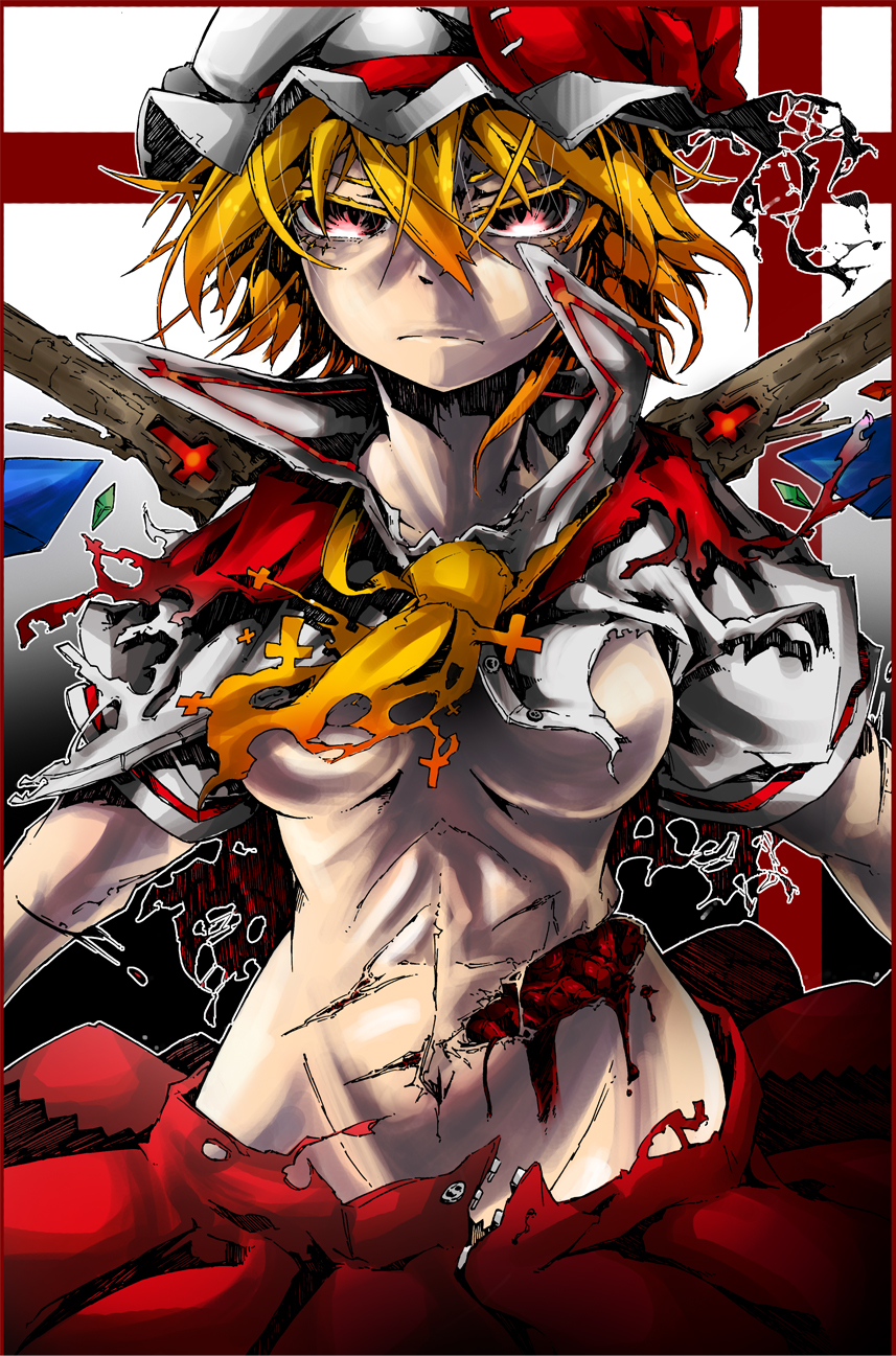 adult, anba_saa, ascot, blonde_hair, blood, breasts, cross, flandre_scarlet