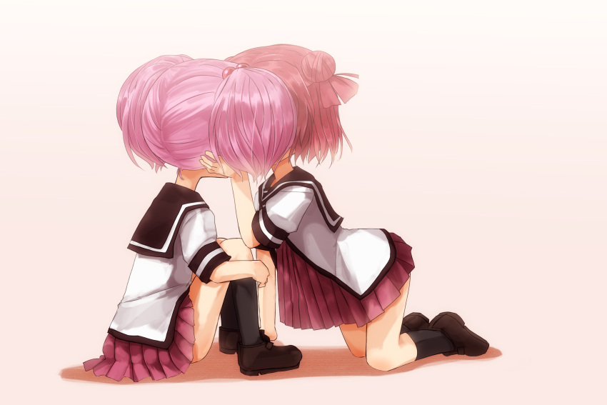 absurdres, akaza_akari, hair_bobbles, hair_ornament, highres, hiro1417, multiple_girls, pink_hair, red_hair, redhead, school_uniform, serafuku, short_hair, yoshikawa_chinatsu, yuri, yuru_yuri