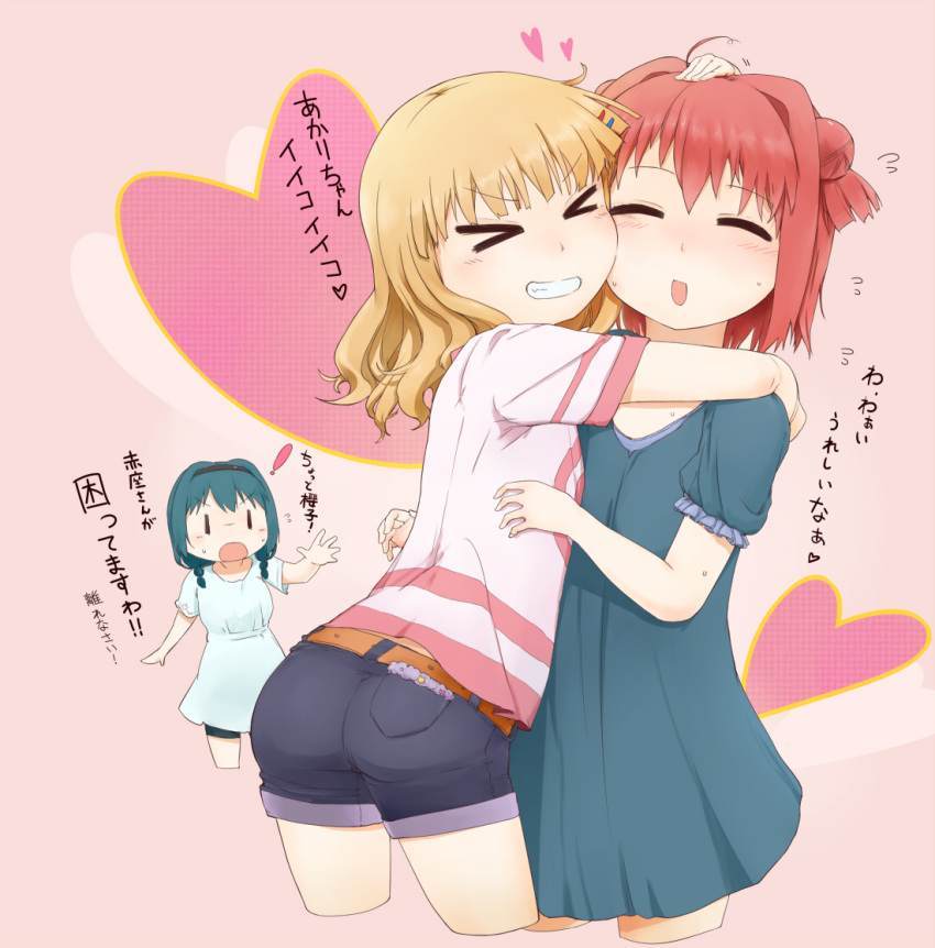 >_<, ahoge, akaza_akari, blonde_hair, blue_hair, braid, cropped_legs, double_bun