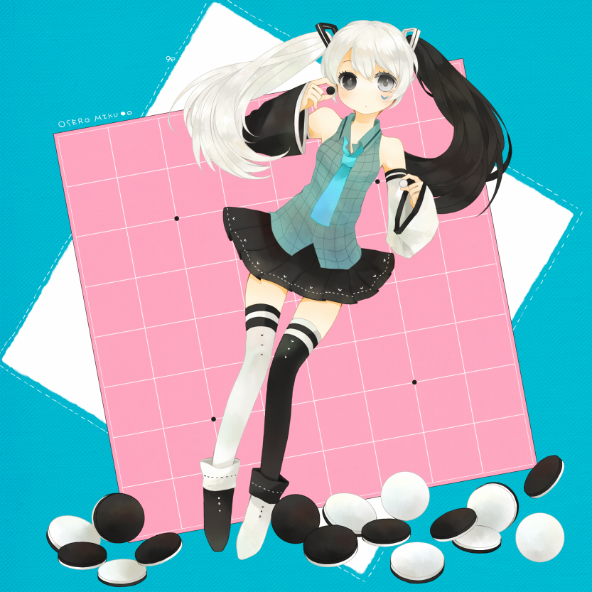 alternate_color, black_eyes, black_hair, detached_sleeves, go, hatsune_miku, mismatched_footwear, necktie