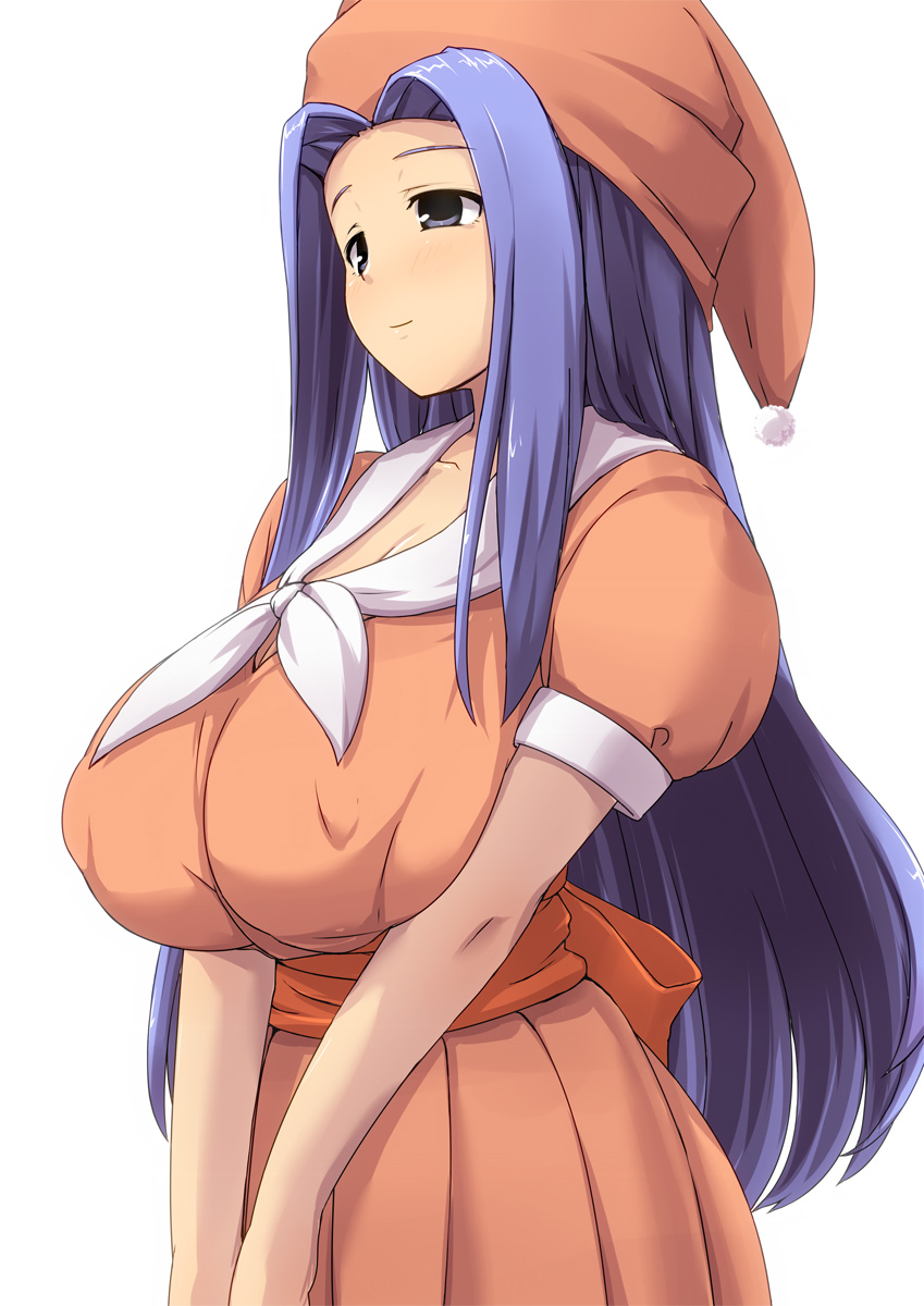 blue_hair, breasts, bust, character_request, erect_nipples, grey_eyes, hat, highres, huge_breasts, light_smile, long_hair, namamo, nightcap, seiken_densetsu, seiken_densetsu_2, simple_background, solo, very_long_hair, white_background