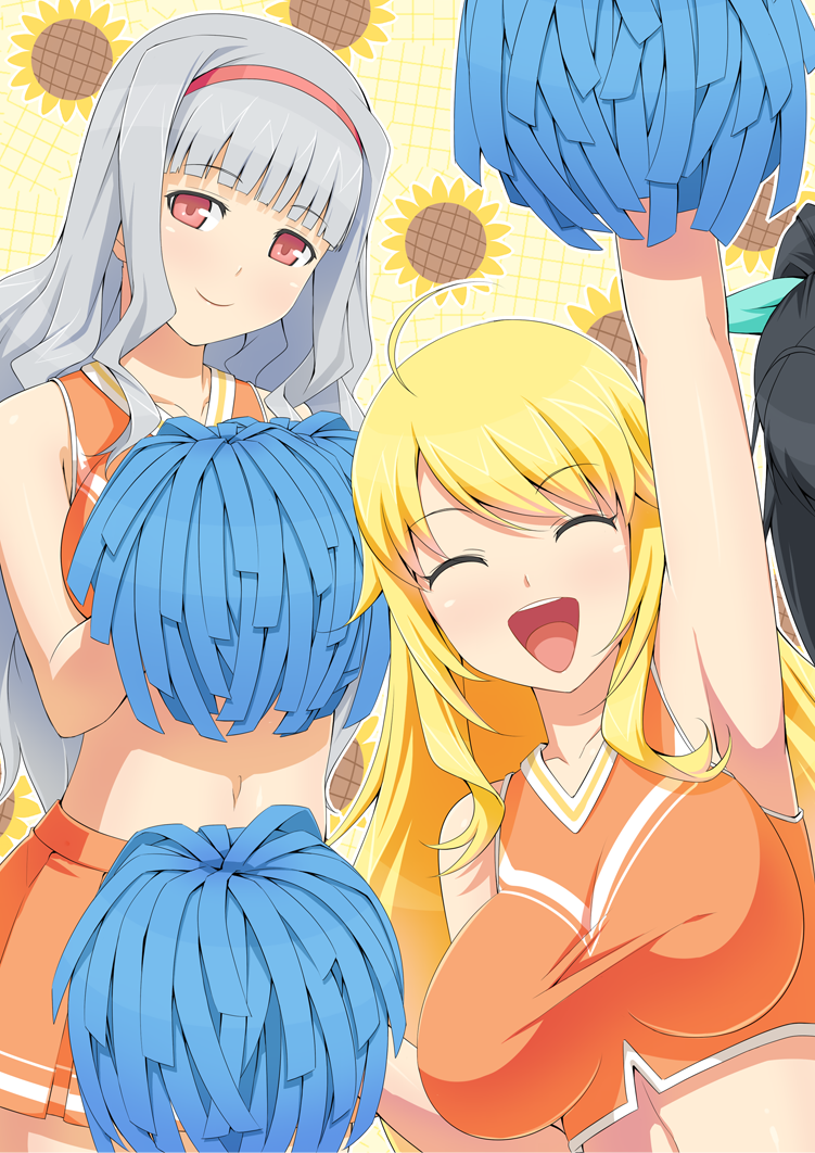 ahoge, arm_up, armpits, bangs, blonde_hair, blunt_bangs, breasts, cheerleader
