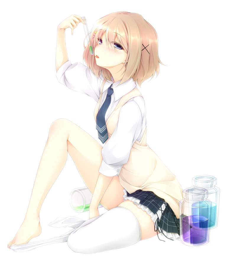 bare_legs, barefoot, beaker, blonde_hair, blue_eyes, feet, hair_ornament, hairclip