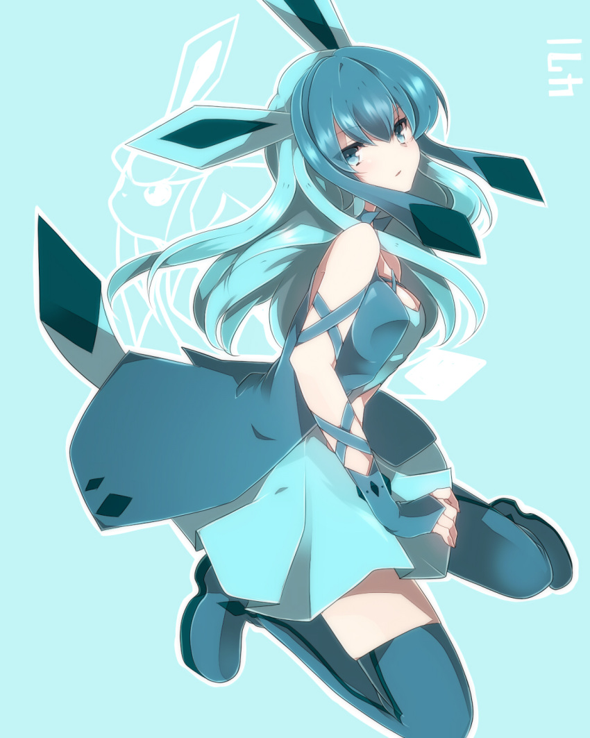 animal_ears, bare_shoulders, blue_eyes, blue_hair, blue_legwear, boots, glaceon, highres