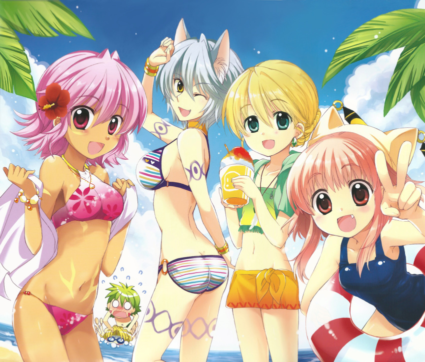 .hack//, .hack//tasogare_no_udewa_densetsu, 2boys, 4girls, :d, ;d, absurdres, animal_ears