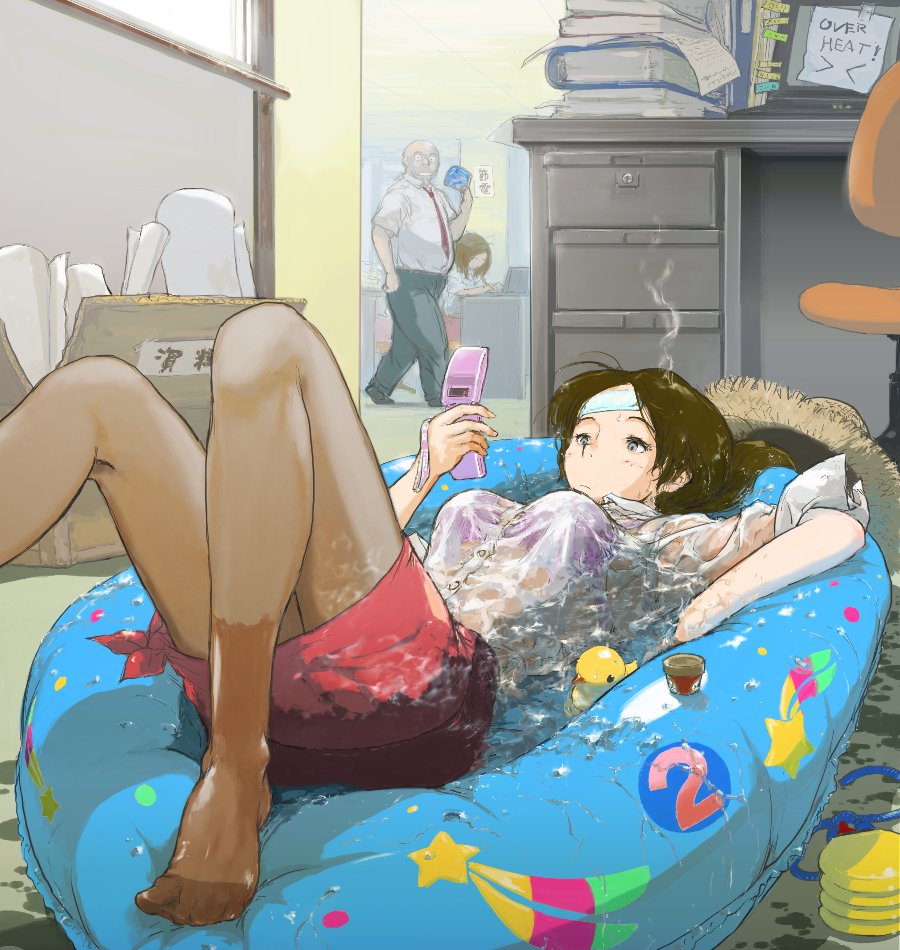 2girls, air_pump, box, brown_hair, cardboard_box, cellphone, computer, desk
