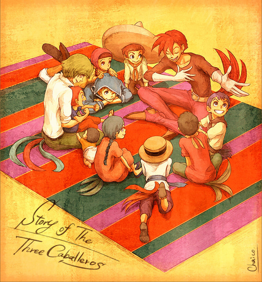 baby, belt, blue_eyes, braid, brown_eyes, brown_hair, buckle, chaiko, child, closed_eyes, collarbone, disney, donald_duck, eyes_closed, green_eyes, green_hair, grin, hat, jose_carioca, lying, multiple_boys, multiple_girls, on_stomach, open_mouth, panchito_pistoles, personification, porkpie_hat, red_hair, redhead, rug, sailor, smile, sombrero, the_three_caballeros, title_drop, twin_braids