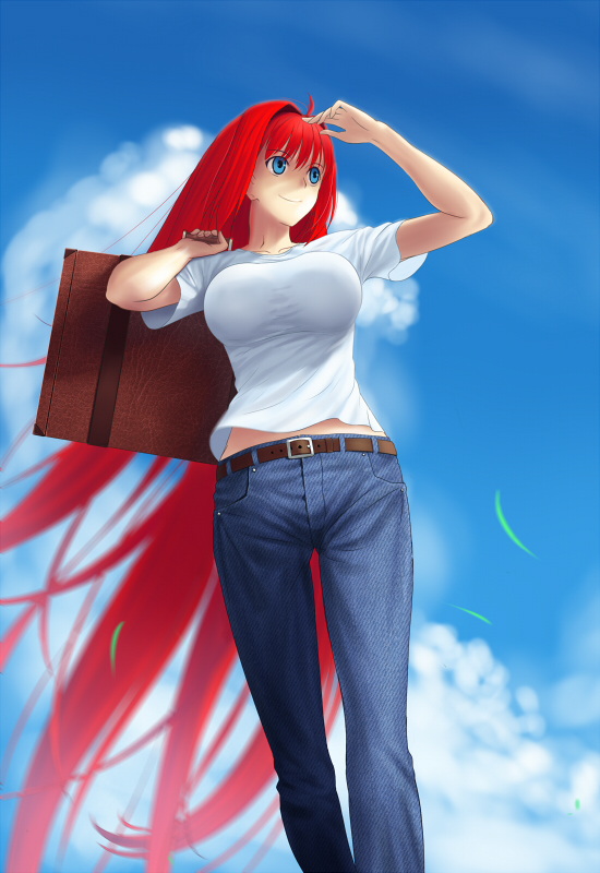 aozaki_aoko, arm_up, belt, blue_eyes, breasts, hair_intakes, impossible_clothes, impossible_shirt