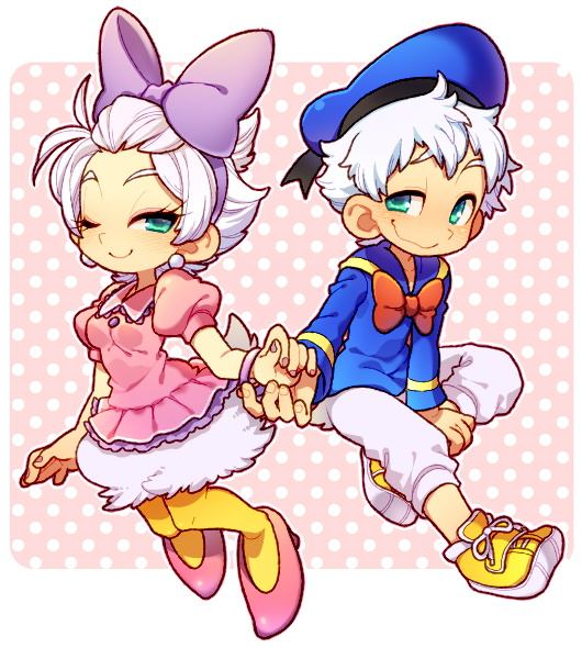 1girl, adapted_costume, beret, blue_eyes, bow, bracelet, daisy_duck, disney