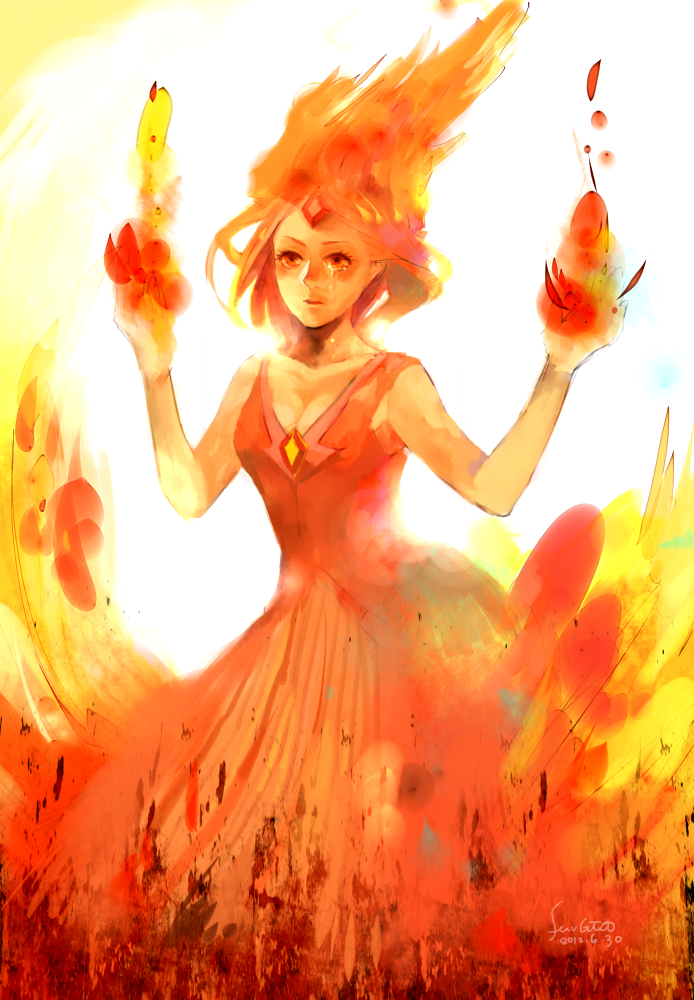 adventure_time, bare_shoulders, breasts, cleavage, dated, dress, fengta, fire