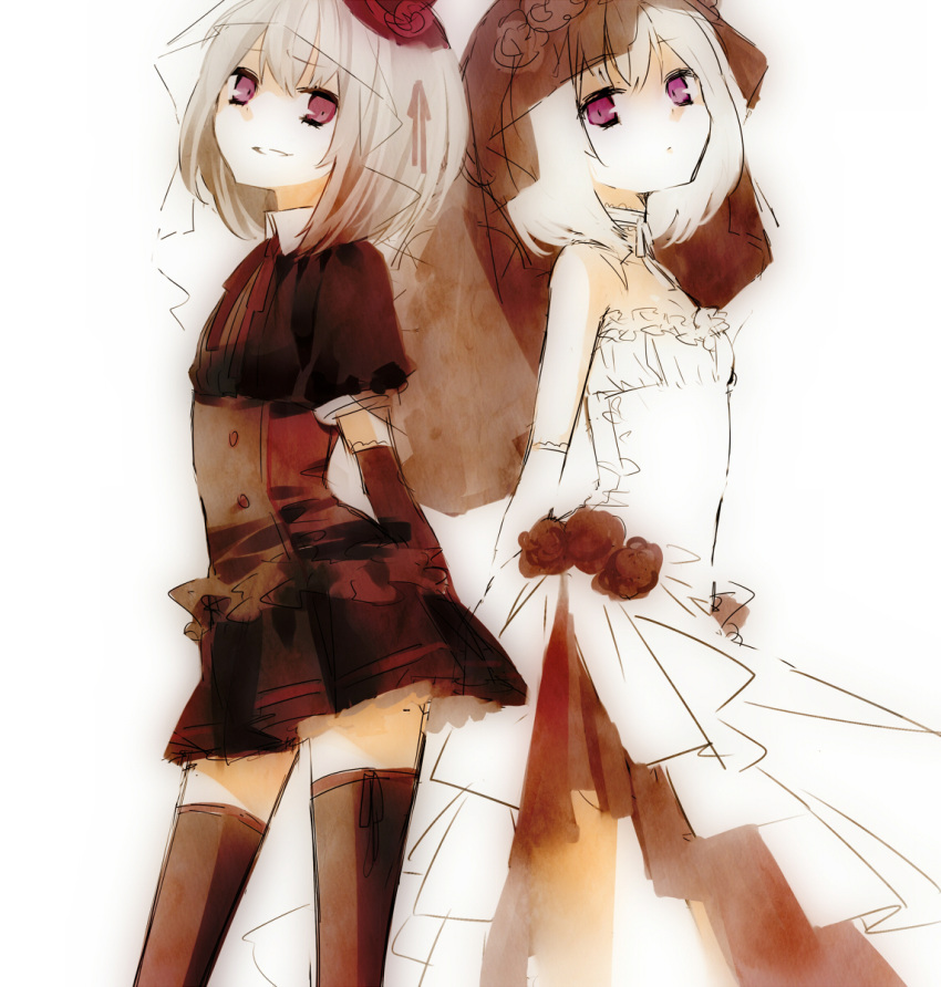 black_legwear, dress, dual_persona, elbow_gloves, flower, gloves, hat, highres, kabu_(googoo), kanna_asumi, magical_girl, mahou_shoujo_madoka_magica, mini_top_hat, purple_eyes, ribbon, rose, rough, short_hair, silver_hair, skirt, smirk, thigh-highs, thighhighs, top_hat, veil, violet_eyes