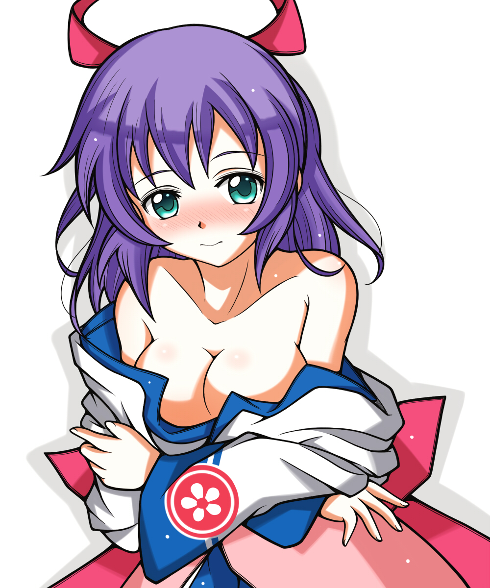 blush, breast_rest, breasts, bunny1219, cleavage, crossed_arms, green_eyes, highres